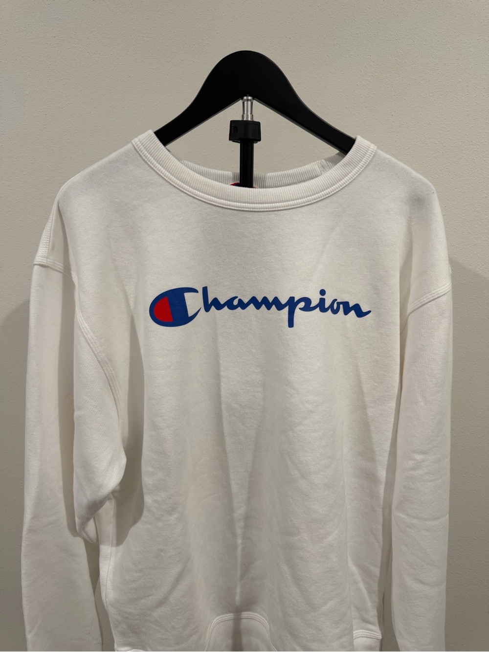 Champion White Crewneck Sweatshirt with Blue and Red Logo